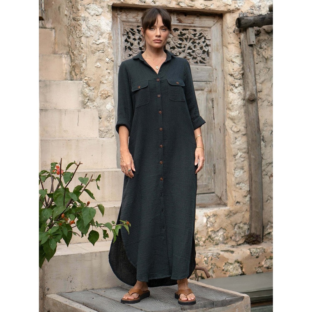 Nomad The Label Crinkle Gauze Maxi Shirt Dress UK 14 US 10 Minimalist Lagenlook